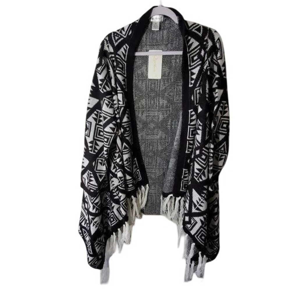 Say What 3X Black White Geometric Aztec Fringe Waterfall Cardigan Sweater